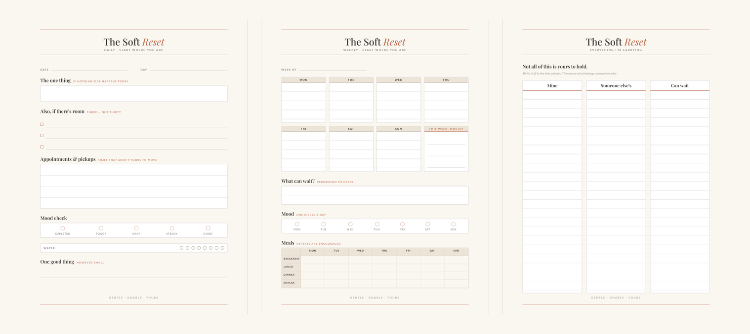 Three pages from The Soft Reset Planner: the daily page, the weekly page and the brain dump page.